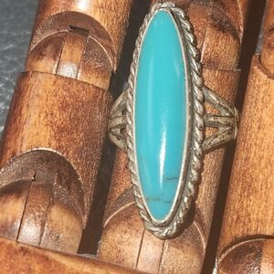 Vintage Sterling Silver 925 Oblong Elongated Turquoise Ring Size 7 (6.7g)